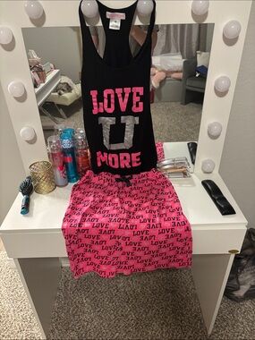 Medium LOVE U MORE Black Tank & Pink LOVE Print Skirt Set